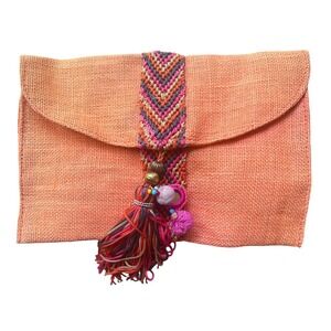 Muche Et Muchette Orange Woven  Boho Clutch Bag with Tassel